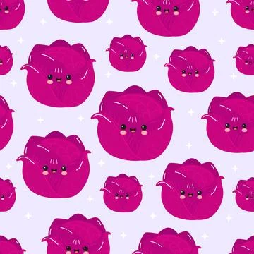 Kawaii purple cabbage characters creating seamless pattern 스톡 일러스트