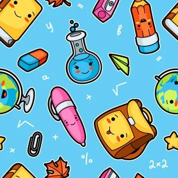 Kawaii school seamless pattern with cute education supplies Stock Illustration