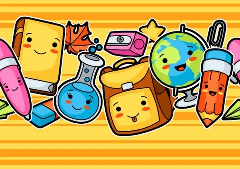 Kawaii school seamless pattern with cute education supplies Stock Illustration