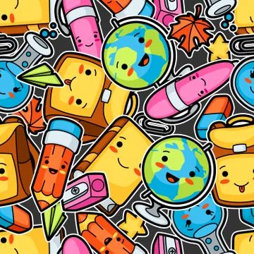 Kawaii school seamless pattern with cute education supplies Stock Illustration