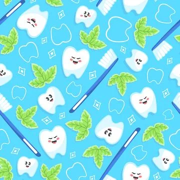 Kawaii seamless pattern with cute tooth character, mint and toothbrush Stock Illustration