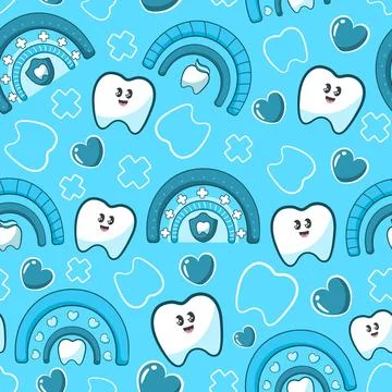 Kawaii seamless pattern with cute tooth character with cozy ranbow Stock Illustration