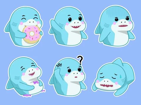 Kawaii Shark Sticker Pack Vector Set Illustrazione stock