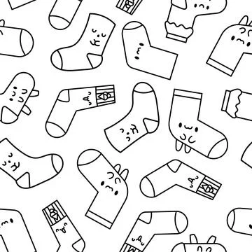Kawaii socks. Seamless pattern. Coloring Page. Stock Illustration