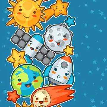 Kawaii space seamless pattern. Doodles with pretty facial expression Stock Illustration