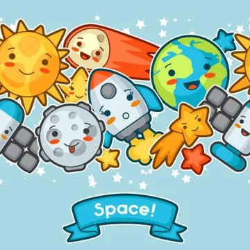 Kawaii space seamless pattern. Doodles with pretty facial expression Stockillustratie