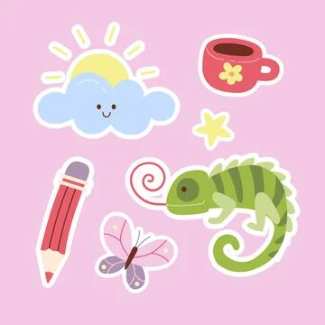 Kawaii sticker set with chameleon, cloud, pencil and mug Stock-Illustration