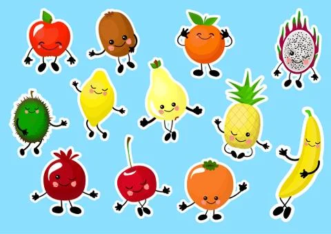 Kawaii stickers set or patch with food - lemon fruits, apple, pineapple, orange Illustrazione stock