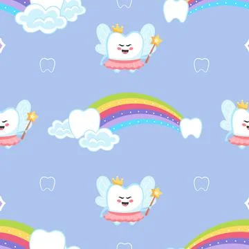 Kawaii sweet seamless pattern with cute rainbow and tooth fairy character Stock Illustration