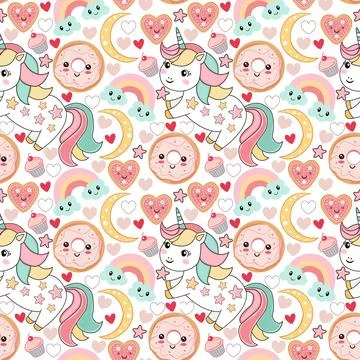 Kawaii Unicorn pattern with funny rainbow, desserts, cupcakes and donut Stock Illustration
