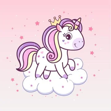 Kawaii unicorn princess in crown on cloud. Stock Illustration