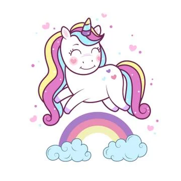 Kawaii unicorn running on rainbow. Stock Illustration