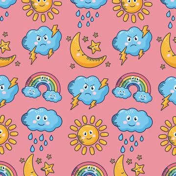 Kawaii weather comic characters pattern in pink background 스톡 일러스트