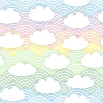 Kawaii white clouds Seamless pattern on blue mint orange pink lilac japanese  Stock Illustration