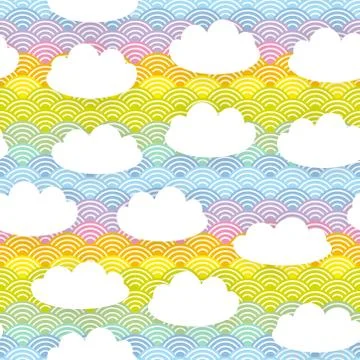 Kawaii white clouds Seamless pattern on blue mint orange pink lilac japanese  Stock Illustration
