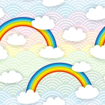 Kawaii white clouds Seamless pattern on blue mint orange pink lilac japanese  Illustrazione stock