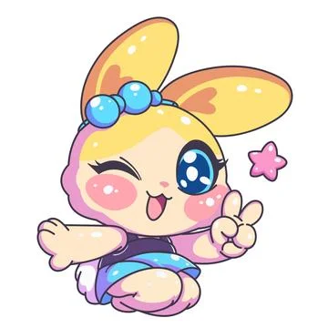 Kawaii Winking Bunny. Cute Chibi Rabbit with Peace Sign Stock Illustration