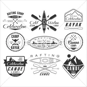 Kayak and canoe emblems, badges, design elements Stock Illustration