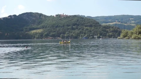 A kayak navigate on the lake Stock Footage 93869987