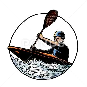Kayak Paddler Canoe Scratchboard . Stock Illustration