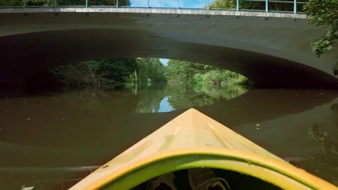 Kayak Passing Through Dark Forest River Section Stock Footage 331322886