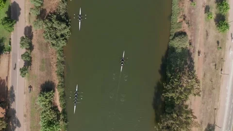Kayak team practicing rowing in a river channel, Top down view Stock Footage 222729538