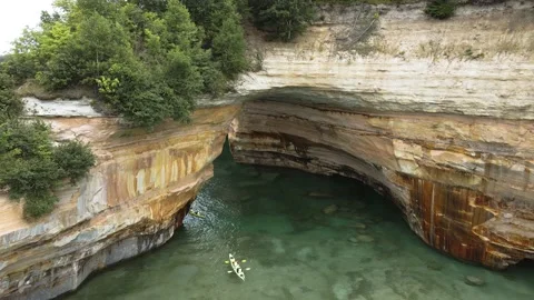 Kayak Under Pictured Rocks Munising Michigan Clear Water Stock Footage 154134838