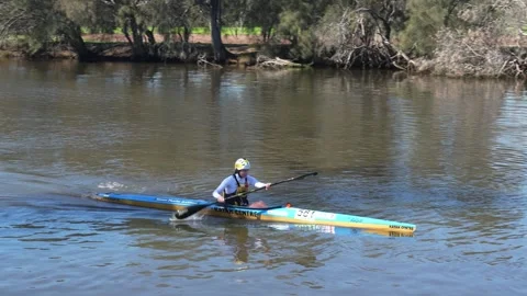 Kayaker Competes in 2026 Avon Descent Boat Race on Perth River, Australia Stock Footage 344327706