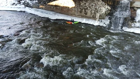 Kayaker Going Down River Winter Time Stock Footage 104200178