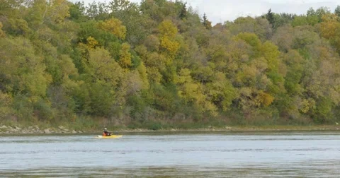 Kayaker paddles down river in Fall. Stock Footage 55064158