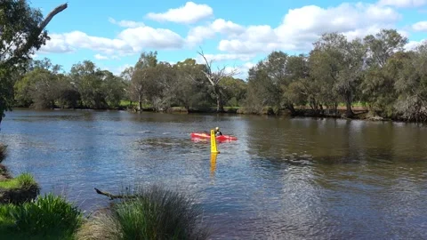Kayaker Paddling Backwards on Swan River During Avon Descent Race in Perth Stock Footage 344325699
