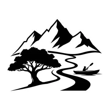 Kayaker on River with Mountain Backdrop Illustrazione stock