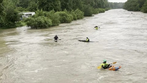 Kayakers float on a fast river. 01.06.2024 Stock Footage 278051700