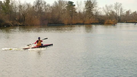 Kayaking activity at the lake. Training before the competition. Stock-Footage 88347433