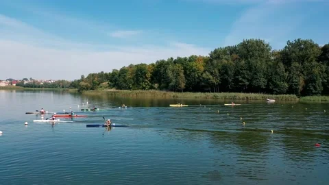 Kayaking and canoeing competitions, drone shooting Stock Footage 182605809