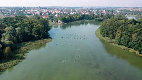 Kayaking and canoeing competitions, drone shooting Stock Footage 182611322
