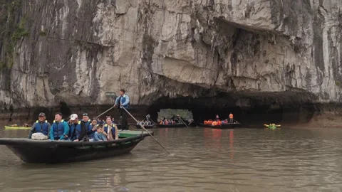 Kayaking Boating Limestone Cliffs Caves Lagoons Ha Long Bay, Vietnam Stock Footage 329010461