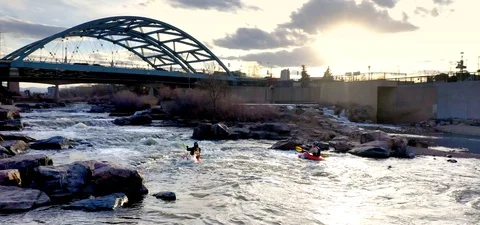 Kayaking in Denver River at Sunset, Riverfront Aerial Drone Stock-Footage 109489318