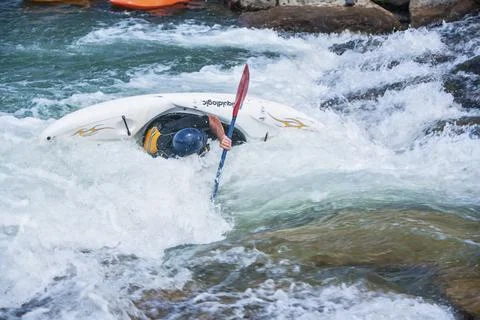 Kayaking down the Uncompahgre River in the Ridgeway, Colorado. Stock Photos