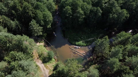 Kayaking on a forest winding river with obstacles. Aerial top view Stock Footage 220497331