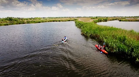 Kayaking on the river between the reeds Stock Footage 64347141