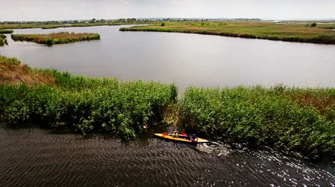 Kayaking on the river between the reeds Stock Footage 64350775