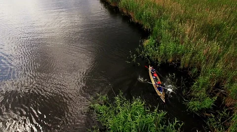 Kayaking on the river between the reeds Stock Footage 64365708
