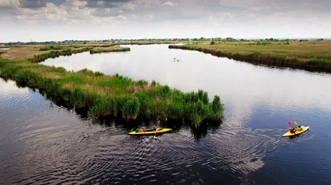 Kayaking on the river between the reeds Stock Footage 64512693