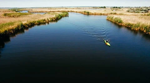 Kayaking on the river between the reeds Stock Footage 64518598
