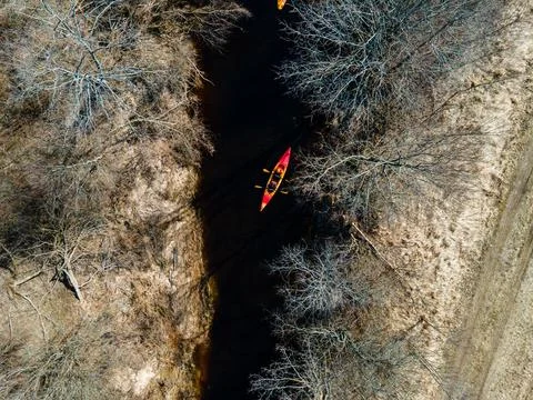 Kayaking on river early spring, view from above Stock Photos