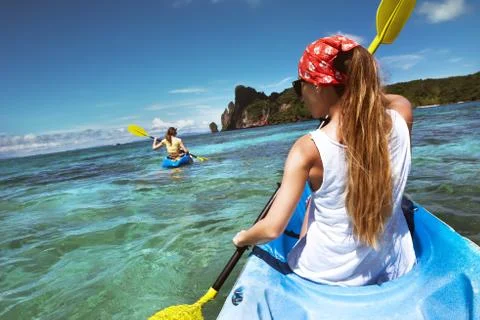 Kayaking tour at Phi-Phi Don Krabi with two ladies Stock Photos