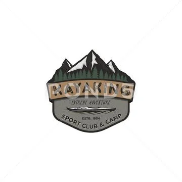 Kayaking vintage badge. Mountain explorer label. Outdoor adventure logo design Stock Illustration