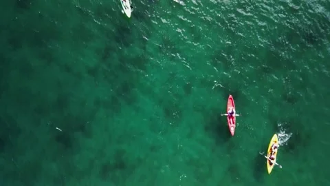 Kayaks of different colors float on the water in the ocean Stock Footage 253185168