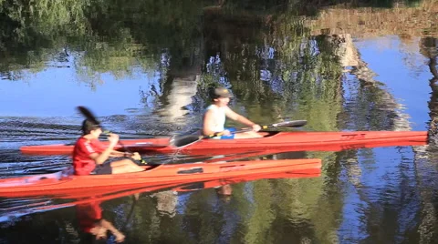 Kayaks float on the river yarkon .tel aviv. israel Stock Footage 43017779